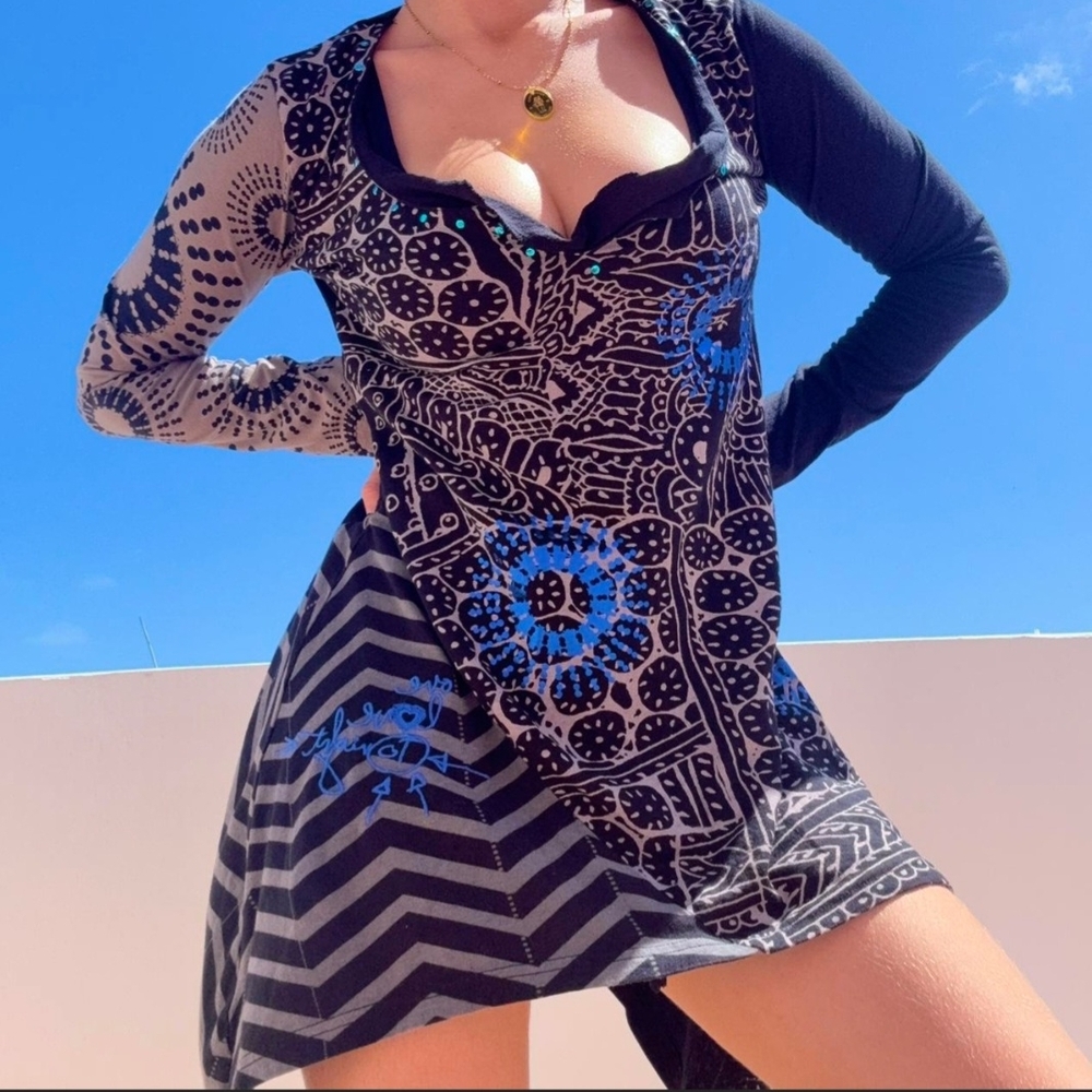 Desigual Geometric Black and Blue Long Sleeve Dress